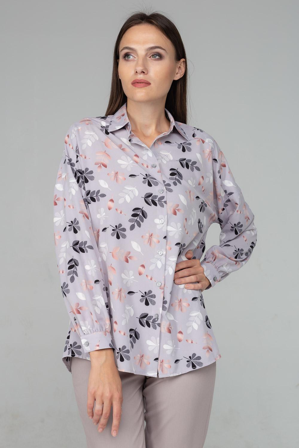 

Блуза в листок оверсайз зі спущеним плечем 42 сірий