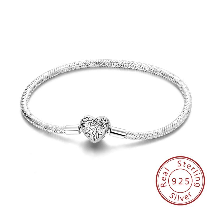 Armband Original 925 Sterling Silver Berlockarmband 17-20CM Kärlekshjärta Pave Zirkonia Armband för Kvinnor DIY Berlock Smycken Gåvor