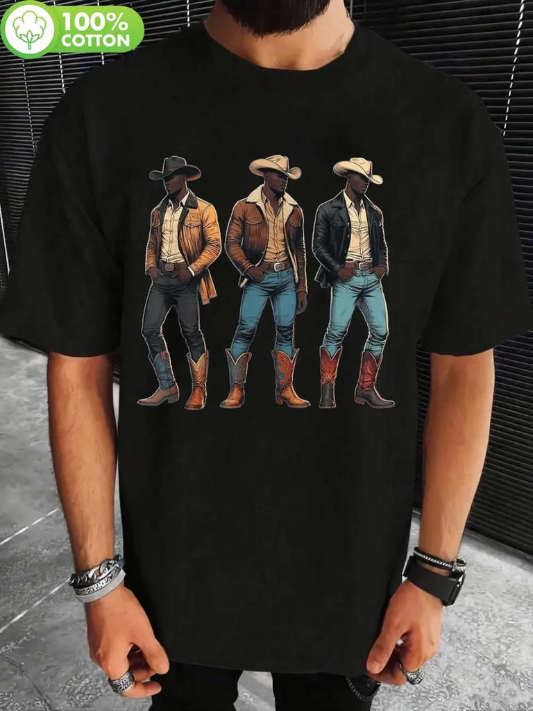 Black Western Cowboy Print T-shirt - 100% Cotton