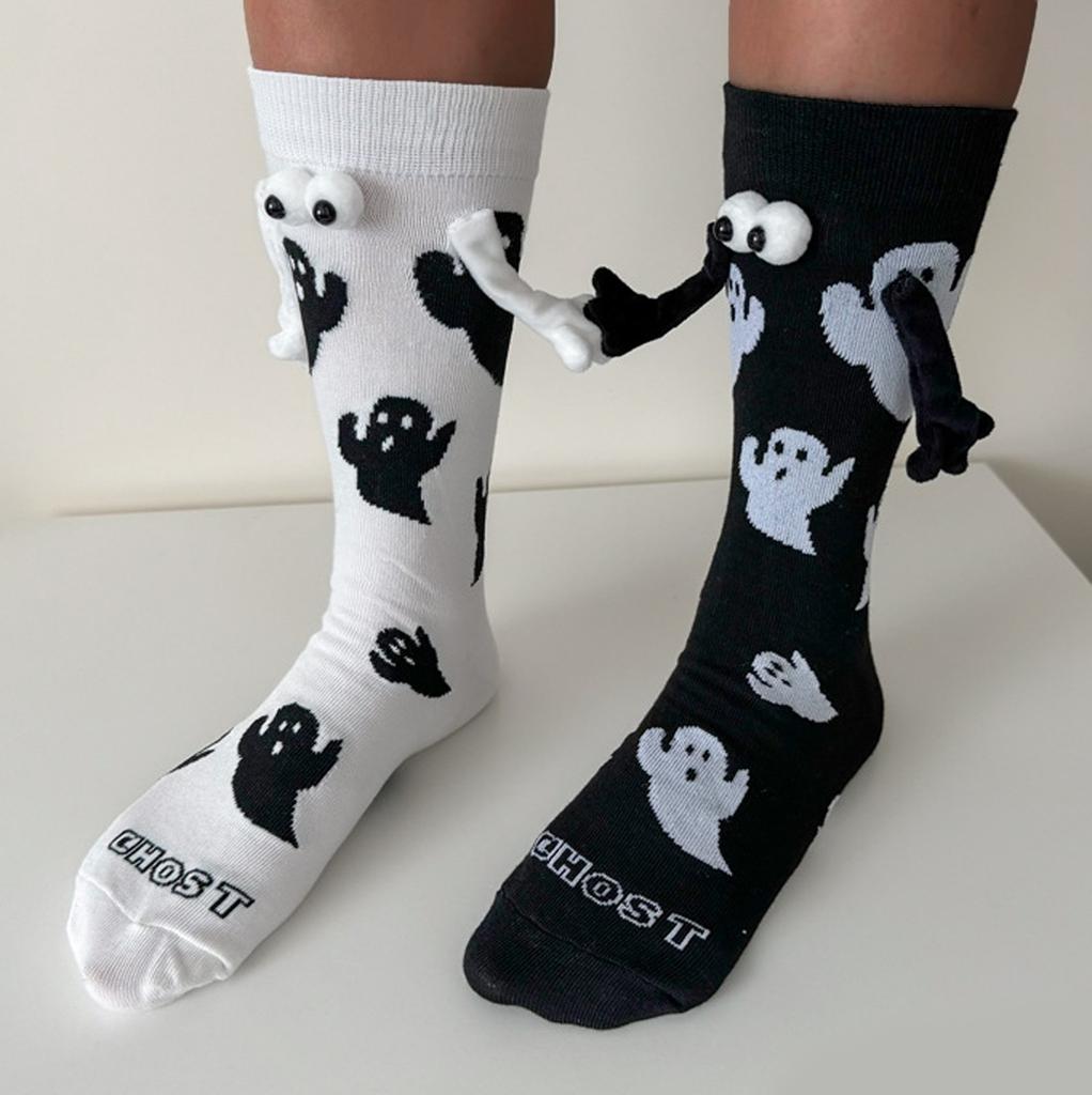 Dámské halloweenské ponožky Roztomilé magnetické ponožky ruku v ruce A bílé ponožky střední délky s kresleným potiskem