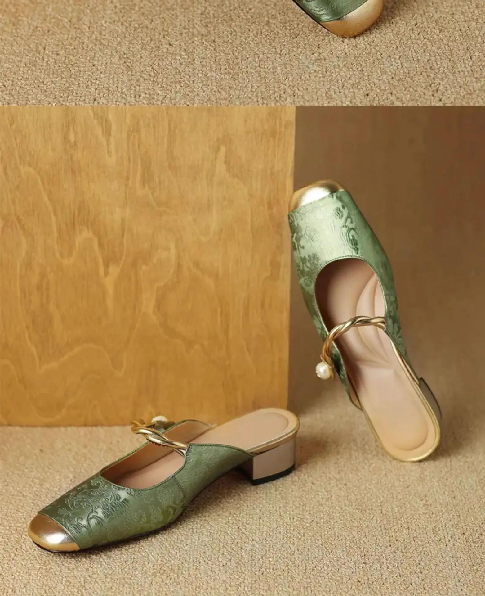 

Модные атласные туфли на высоком каблуке с квадратным носком, женские модные дизайнерские босоножки, женские зеленые туфли-лодочки с открытой пяткой, женские туфли-лодочки Muller 34