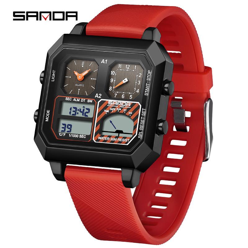 SANDA 6210 Men's Electronic Watch Square Multifunctional Temperature Date TPU Strap Digital Display Wrist Watches for Male