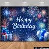 2D Flat Fireworks Happy Birthday Banner Blue Night Sky & Silver Sparkle Backdrop for Birthday Celebration