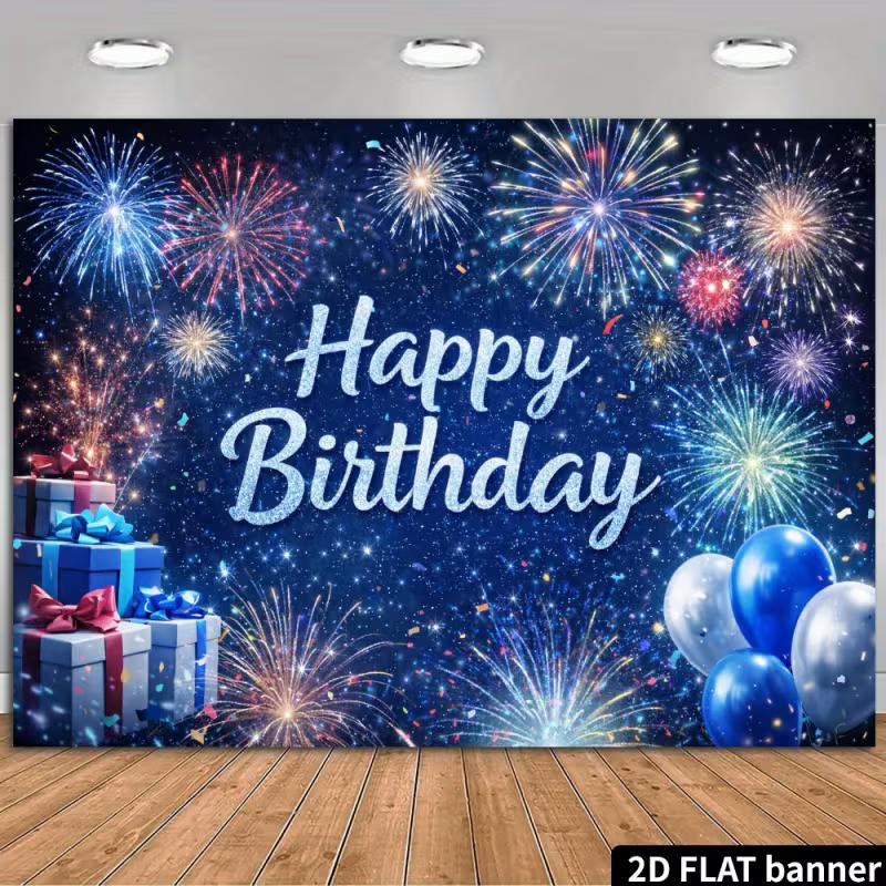 2D Flat Fireworks Happy Birthday Banner Blue Night Sky & Silver Sparkle Backdrop for Birthday Celebration