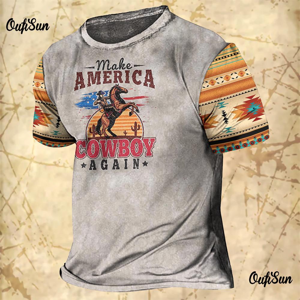 Men's Vintage T-shirts Cowboy Design Western America Tops 3D Printed O-Neck Oversized T-shirt Short Sleeve Streetwear
