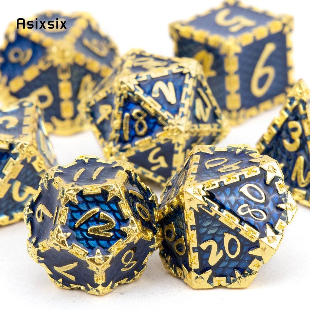 7 Pcs Blue Golden Fish Scale Metal Dice Solid Metal Polyhedral Dice Set Suitable for Role-Playing RPG  Board Game Card Game
