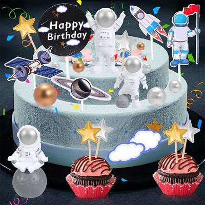 22 Peças Toppers para Bolo de Astronauta Espacial Figuras de Astronauta Espaço Sideral Planeta Foguete Satélite Bolas Peroladas e Estrelas Espaço para Crianças