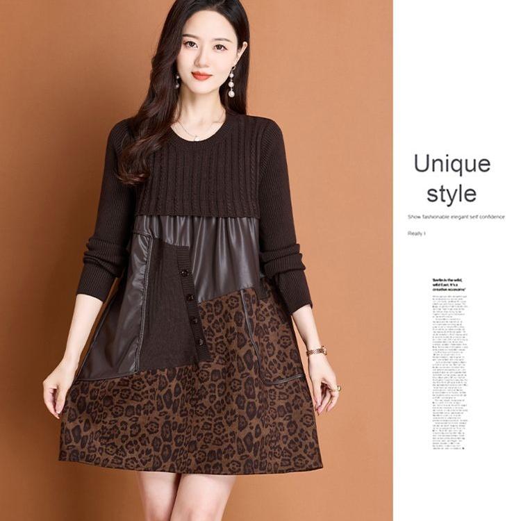 Autumn Winter Women's Sweater Dress Knitted Patchwork PU Leather A-Line Dress Plus Size Knitted Dress