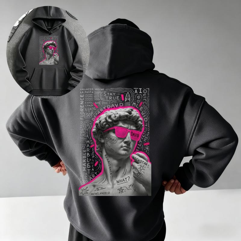 2025 Herbst und Winter Lässig Locker 100% Baumwolle Bedruckter Pullover Hoodie Klassisch David Kunstaufdruck Mode Sommer Herren Übergröße Y2K