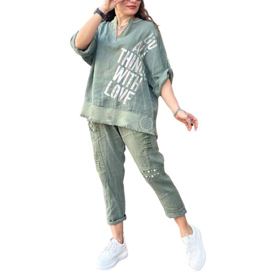 Tute Donna Eleganti 2 Pezzi Cotone E Lino Completo Camicia Lino A