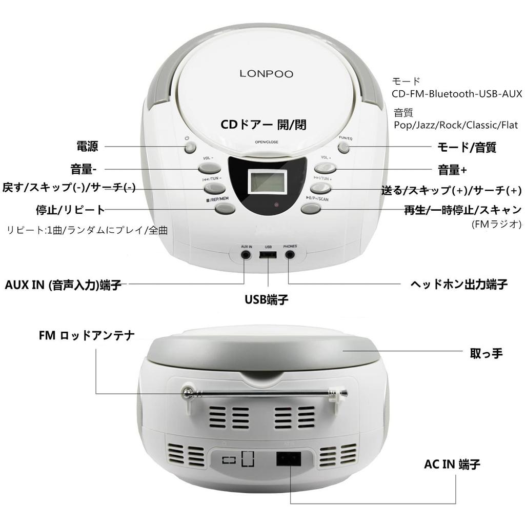 LONPOO Portable CD Player with Bluetooth, FM Radio, MP3 Playback, USBAUX Input, Headphone Jack, LCD Display, Compact Design for Language Learning