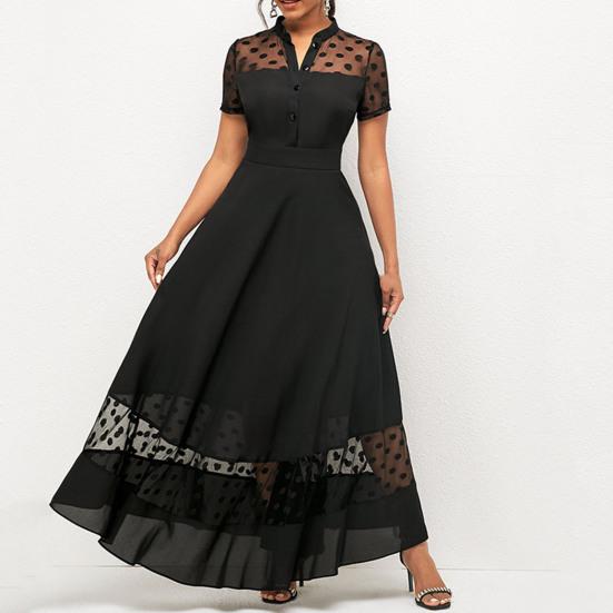 Women Summer Dress Mesh Dot Pattern V Neck Chiffon Slim Large Hem