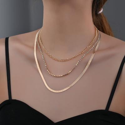 Retro Simple Accessories Inlaid with Rhinestones, Multi-layer Chains, Stacked Metal Necklaces, Collarbone Chains