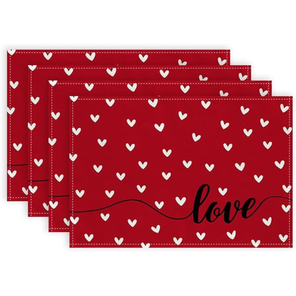 4Pcs 30x45cm Red Love Hearts Table Mats Linen Dining Table Mat Farmhouse Burlap Placemat Kitchen