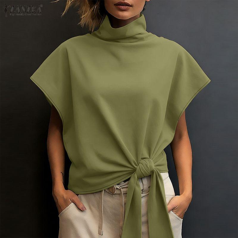ZANZEA Women Casual Turtleneck Summer Short Sleeve Blouse