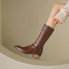 Krazing Pot Cow Leather Winter Pointed Toe Thick Med Heels Western Boots Women Zipper Retro Vintage Mid-calf Boots
