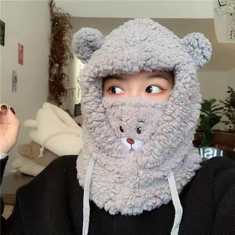 Bear hat and scarf combo for women, thickened and warm for winter, Korean style, versatile, winter cycling mask, ear protection, aviator hat