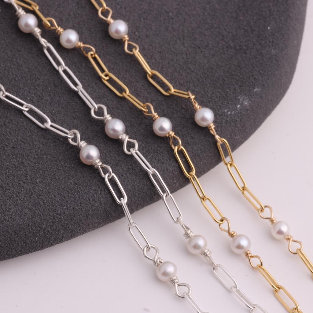 14K Gold Filled/S925 Silver 5.5*2mm Paperclip Chain Beaded 3.5mm Fresh Water Pearl for DIY Permanent Necklace Bracelet Jewelry
