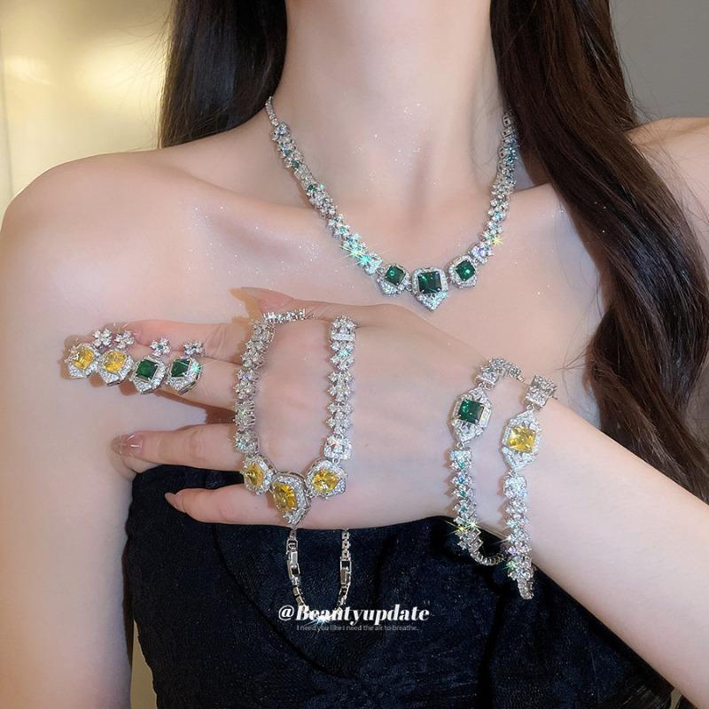 Sparkling zircon square bracelet necklace stud earrings set light luxury high-end exquisite dress banquet temperament jewelry women