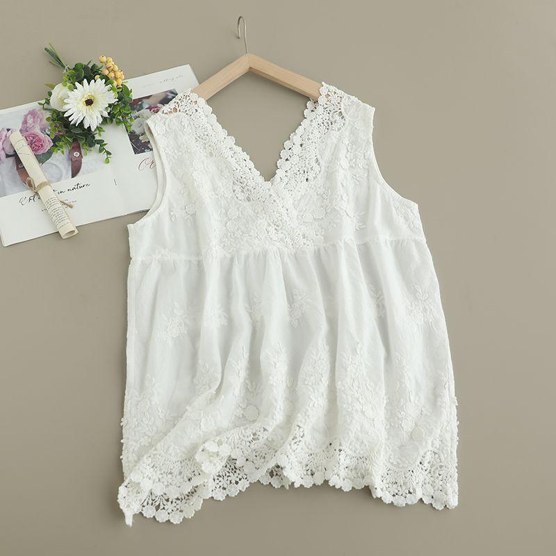 

Mori Women s Cotton Crocheted Large V-neck Vest Camisole Women s Loose All-Matching Fresh Sweet Outerwear Cover-up White All yards