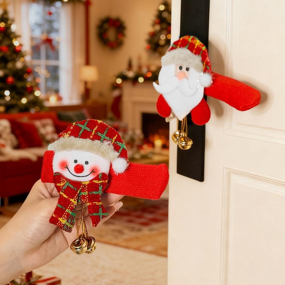 Christmas Door Handle Cover with Santa Claus Bell Cartoon Design Soft Fabric Material Suitable for Various Door Handles
