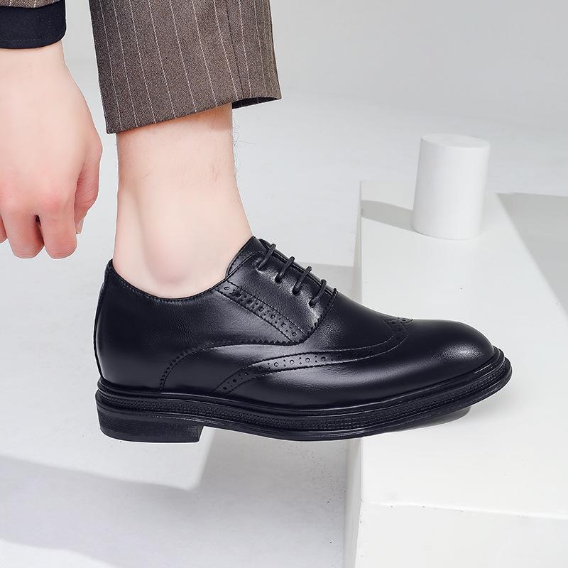 Autumn Brock Leather Shoes Men's Inner Height Increase of 6cm Men's Shoes Leather Breathable Business Dress British Pointed Wedding Shoes