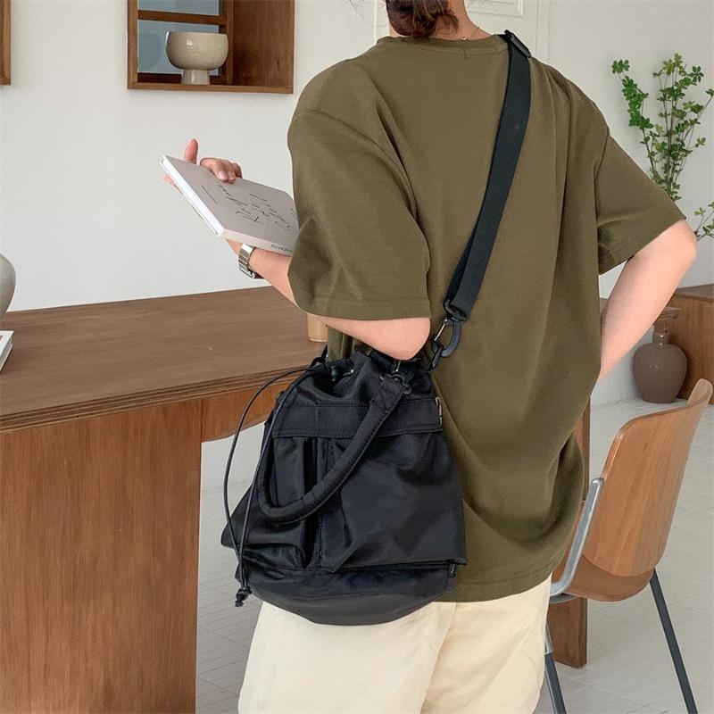 Drawstring pleated bucket bag nylon casual large capacity shoulder women's bag versatile solid color portable messenger bag women