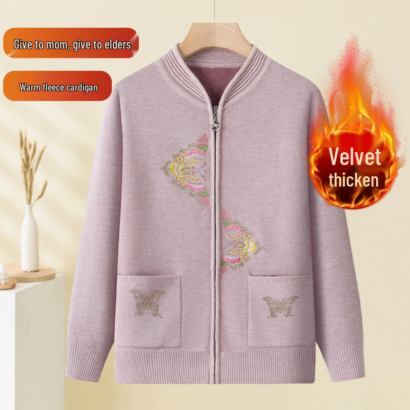 

Elegant Embroidered Knit Zipper Cardigan for Middle-Aged & Elderly Women - Autumn/Winter Velvet Pullover XL (90-105 jin) верблюд
