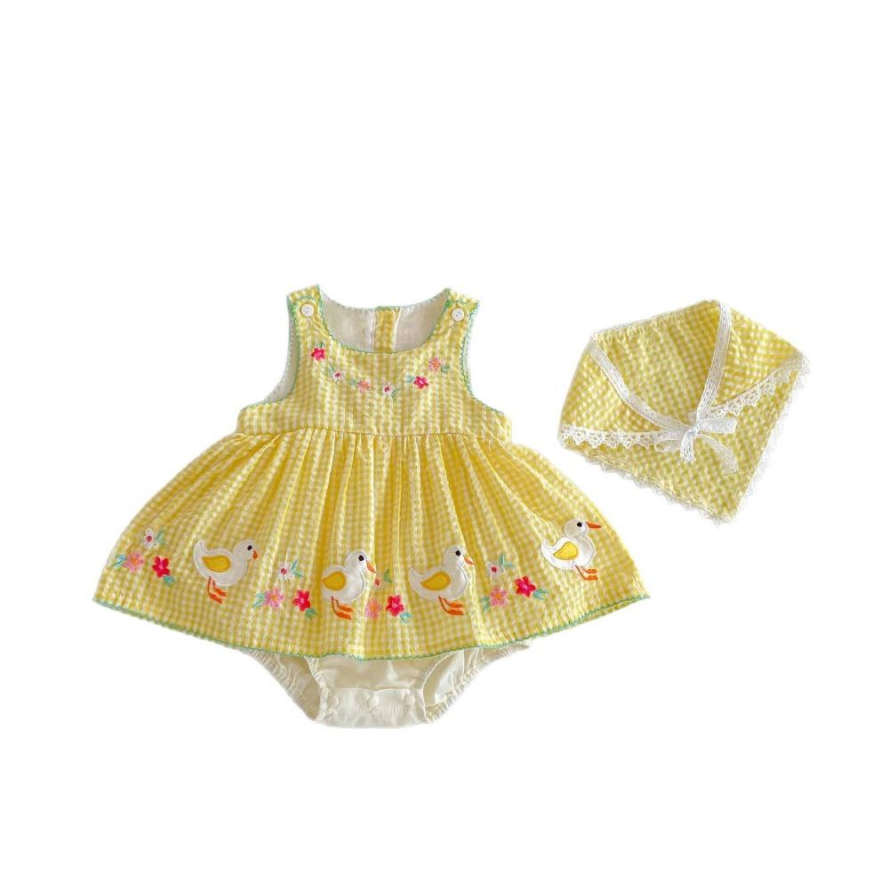 

Yellow Gingham Baby Girl Romper Dress Duck Print Duck Floral Embroidery Cotton Romper Newborn Wear 66cm жёлтый