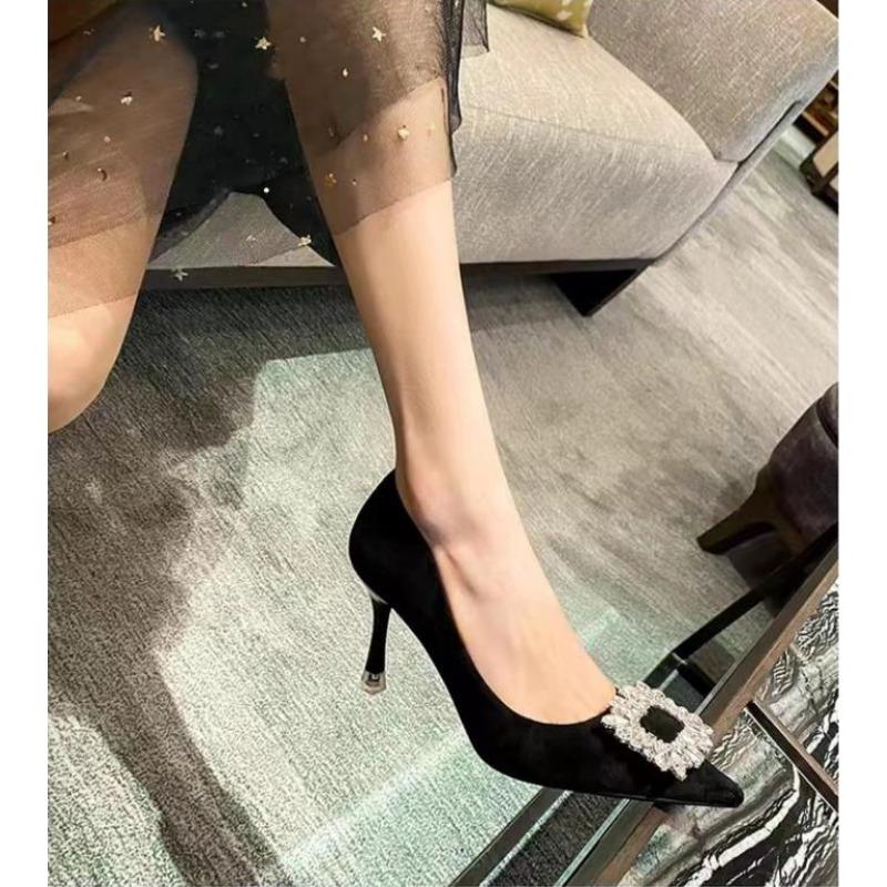 Fashion New Style Women Shoes Fashion Rhinestone Square Buckle Bridesmaid Wedding Shoe Solid Flock Pointed Toe Stiletto Pumps High Heels