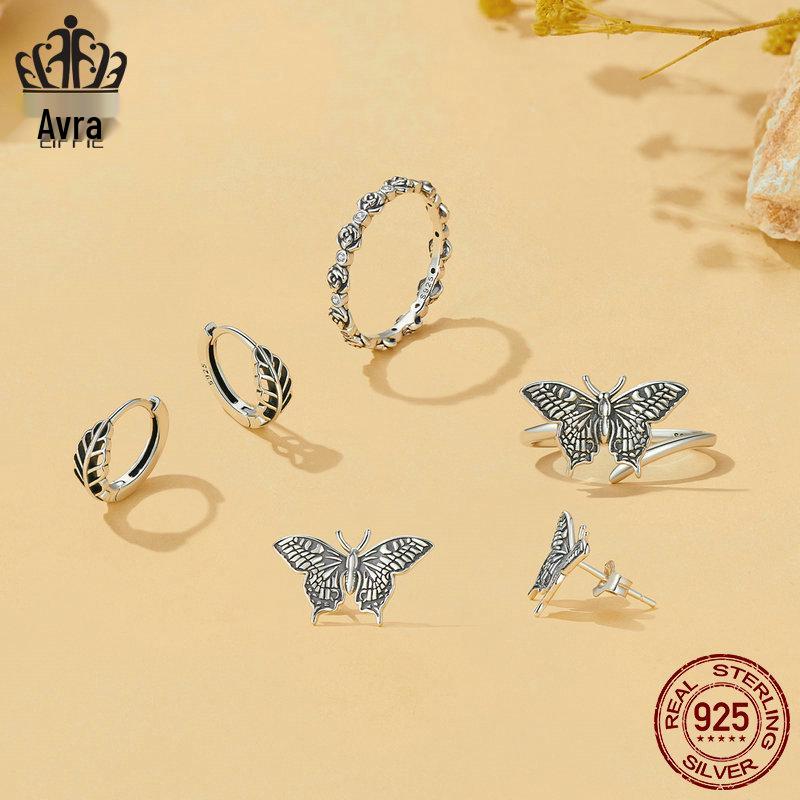 S925 Sterling Silver Butterfly Rose Earrings & Ring Set - Open Ring Design for Women