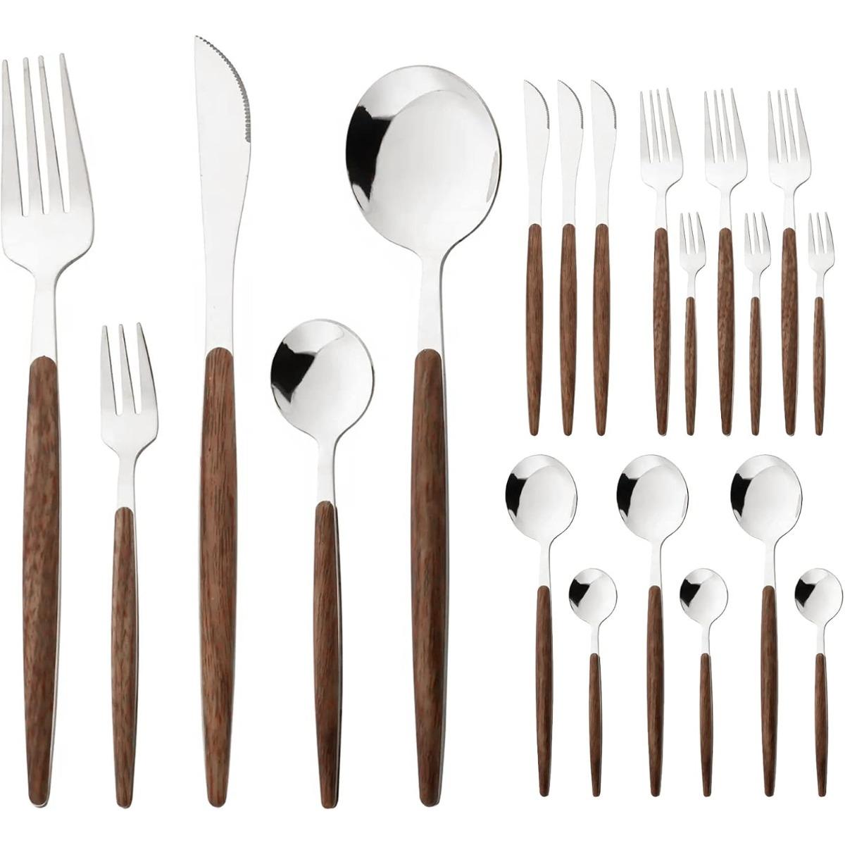 

20-piece Silverware Set for 4, Include Knife Fork Spoon, Stainless Steel Flatware Set with Wooden Handle, Mirror серебряный