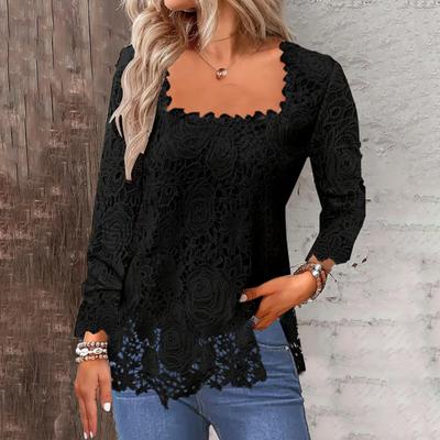 Solid Large Size Neck Color Hollow Out Square Lace Long Sleeve Soft Loose Breathable Pullover T-shirt