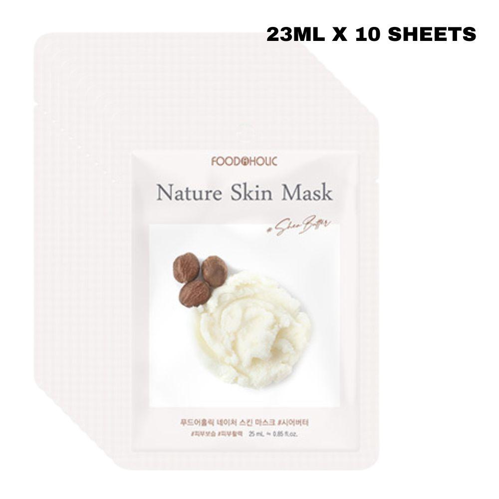FoodaHolic Nature Skin Mask Shea Butter 23ml X 10 Sheets - Nourishing & Deep Moisturizing Facial Sheet Mask Pack for Extremely Dry Skin (10 Sheets)