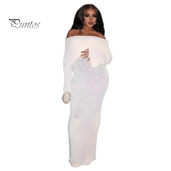 

Вязаное платье макси для женщин с длинным рукавом, прозрачное открытое плечо, элегантное длинное платье для вечеринок, пляжа S белый