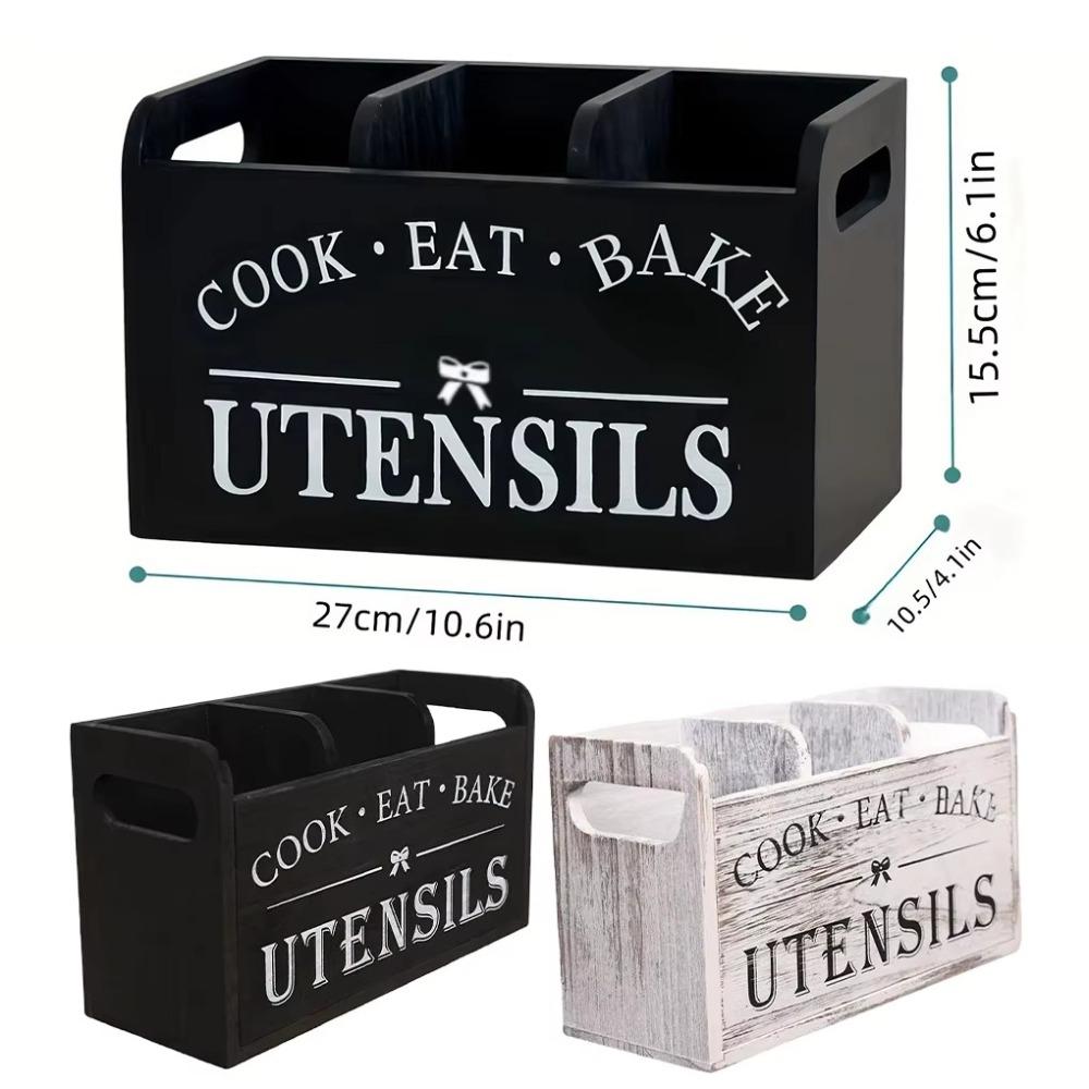 3 Compartments Wood Kitchen Utensils Holder With Drainage Holes Space Saving Utensil Organizer Wood Material Tableware Stand