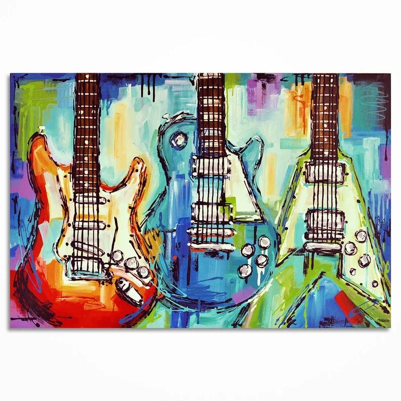 Graffiti Abstract Instrument Guitar Canvas Painting Fashion Music Electric/Wooden Guitar Wall Art Pictures Home Bar Shop Decor