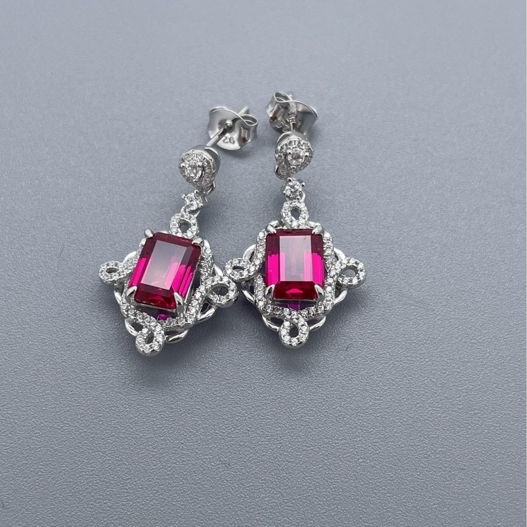 Zhou Hengfu S925 Sterling Silver Ruby Earrings, New Chinese Style, Paved Setting, Light Luxury for Women.