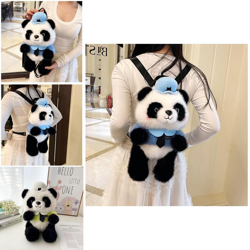 Police Panda Plush Backpack For Girls With Zipper Closure And Cartoon Design