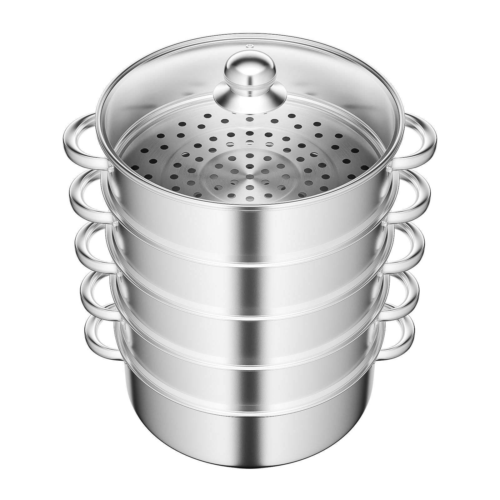 

5-ярусная пароварка из нержавеющей стали 28 см, перекрывающаяся пароварочная кастрюля, кухонная посуда, набор для приготовления супа, серебристый с крышкой из стекла серебряный