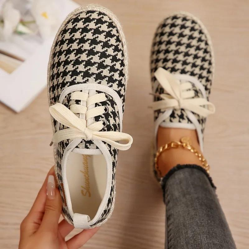 Fashion Breathable Linen Casual Flat Shoes Woman Espadrilles Loafers Ladies Comfy Houndstooth Print Canvas Zapatos Soft Driving Footwear
