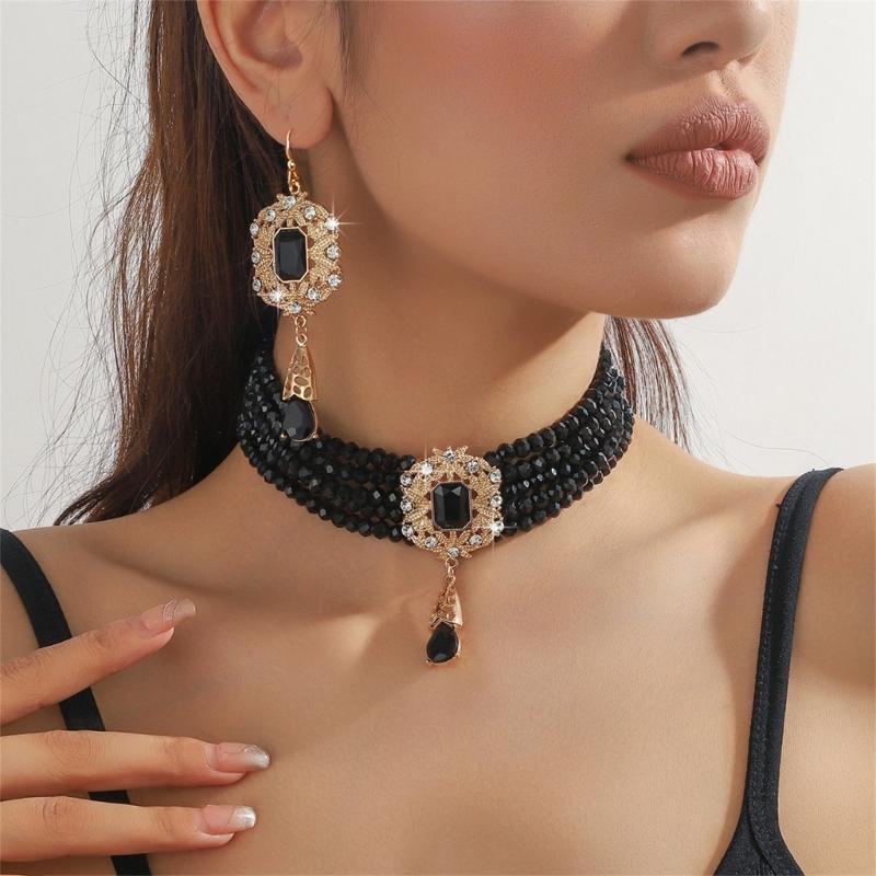 Stylish Layer Rhinestones Waterfall Necklace With Matching Earrings Jewelry Set