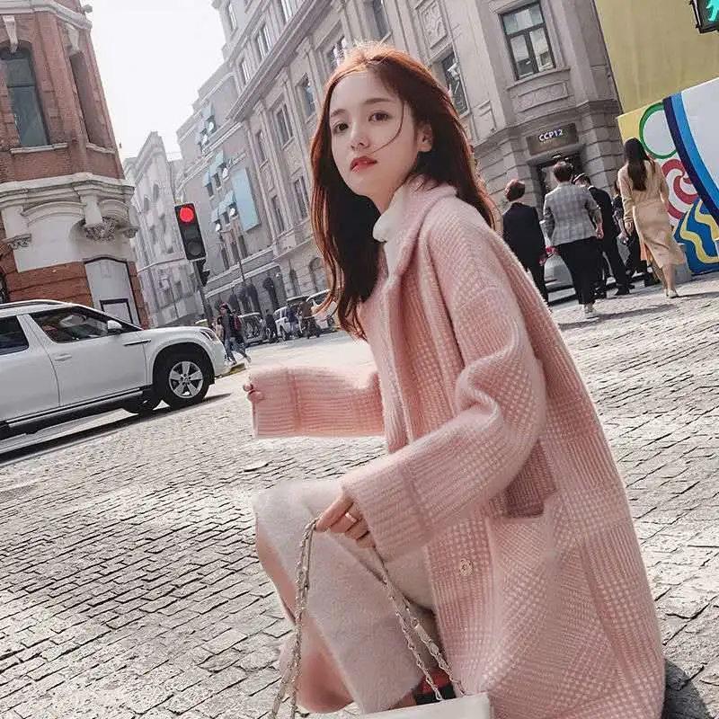 Faux Mink Cashmere Popular Plaid Coat Winter Women's New Korean Version of The Coat Long Lapel Woolen Coat