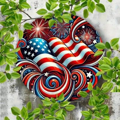 Lebendige Patriotische Metall-Wandkunst Runde Flagge Feuerwerk Heimbar Dekoration