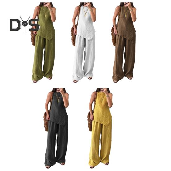 2-teiliges Outfit für Damen mit unregelmäßigem Saum, ärmelloses Oberteil mit Rundhalsausschnitt, Hose mit weitem Bein, Lounge-Set, lässiger Sommer-Trainingsanzug