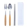 Stainless steel tableware three-piece set, wooden handle, spoon, fork, chopsticks, student outdoor portable tableware set