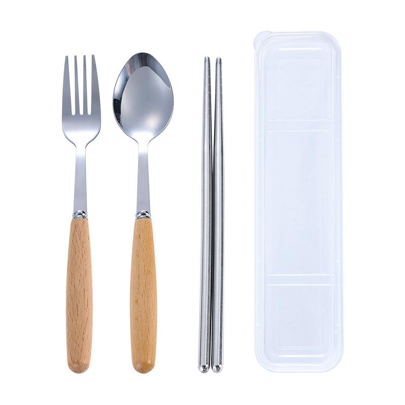 Stainless steel tableware three-piece set, wooden handle, spoon, fork, chopsticks, student outdoor portable tableware set