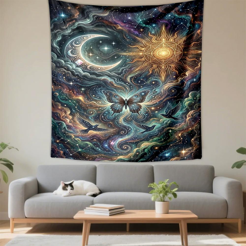 Wall Hanging Tapestry - Celestial Sun Moon Butterfly Birds Cosmic Mystic Spiritual Art Bed for Bohemian Home