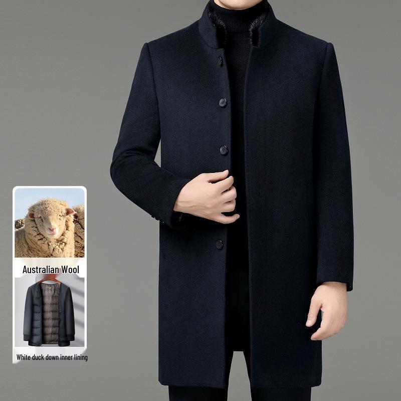 Men's Middle-Aged Stand Collar Wool Coat with Detachable Down Liner, Plus Size