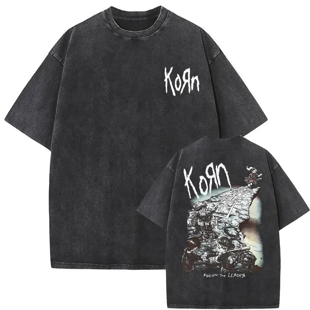 

Korn Follow the Leader Album Cover Vintage Washed Oversized T-Shirt | Nu-Metal Rock Band Streetwear Tee L синій